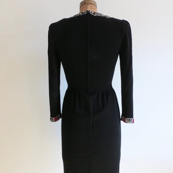 Vintage Don Sayres Black Wool Knit Dress with Sequins Neckline - Holiday Dress - Picture 6 of 9